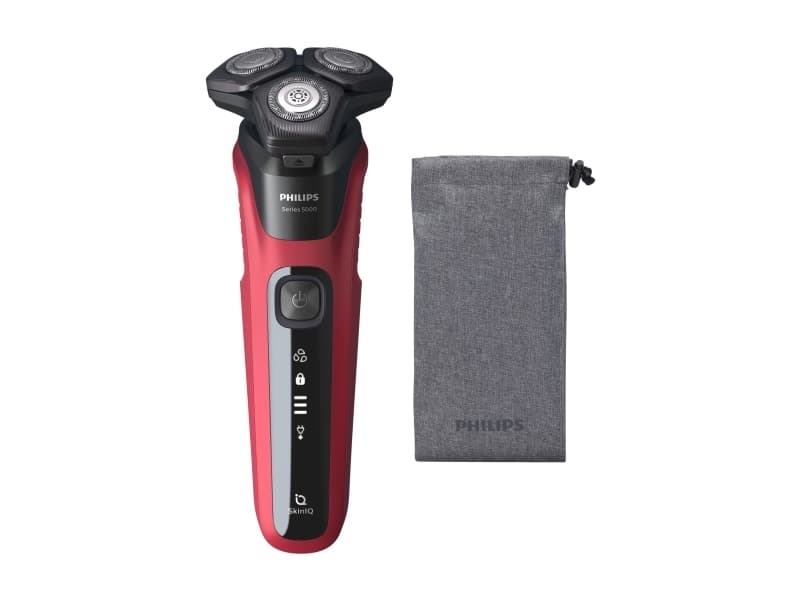 Philips SHAVER Series 5000 SteelPrecision-rakblad El. rakapparat f. våt- och torrakning, Roterande rakhuvud, SkinIQ, Svart, Röd, LED, Batteri, 60 min