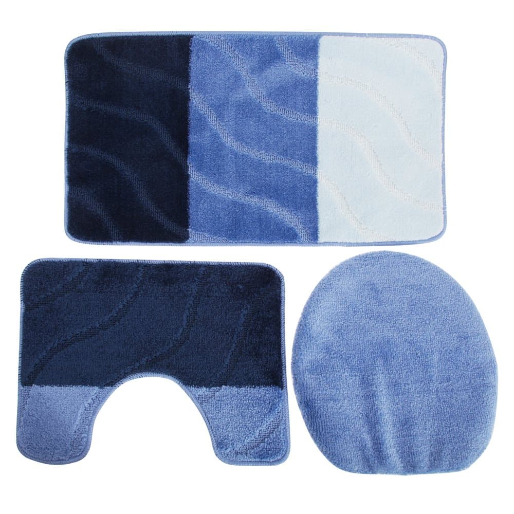 3 Piece Wave Print Bath, Pedestal & Toilet Seat Cover Bathroom Mat Set