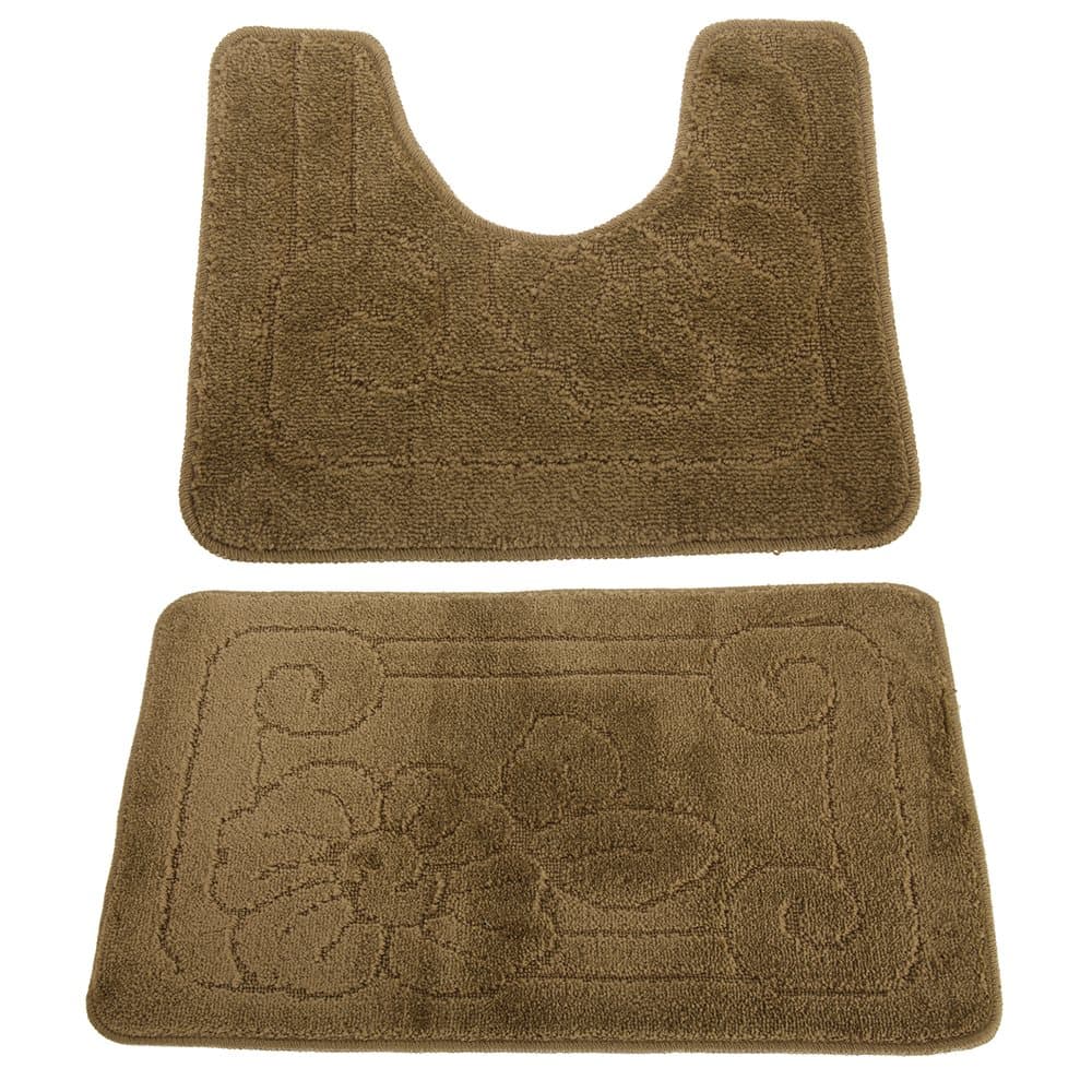 2 Piece Floral Patterned Bath Mat And Pedestal Mat Set