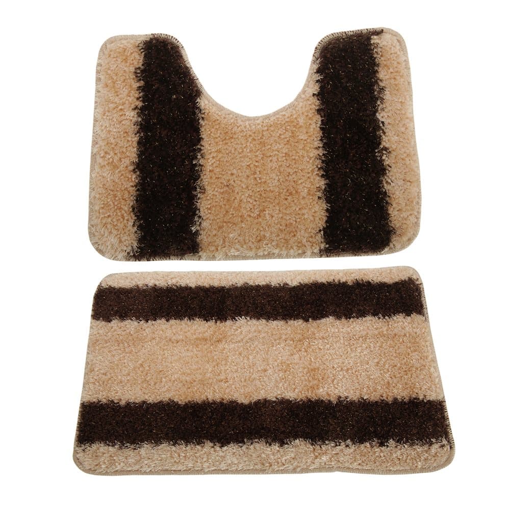 2 Piece Striped Shaggy Bath Mat And Pedestal Mat Set