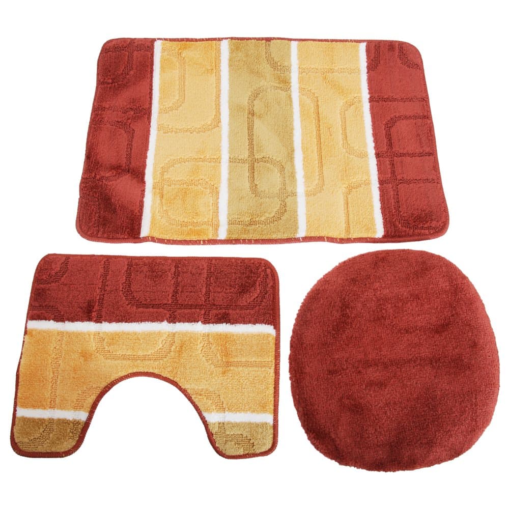3 Piece Oval Pattern Design Bath, Pedestal & Toilet Seat Cover Bathroom Mat Set