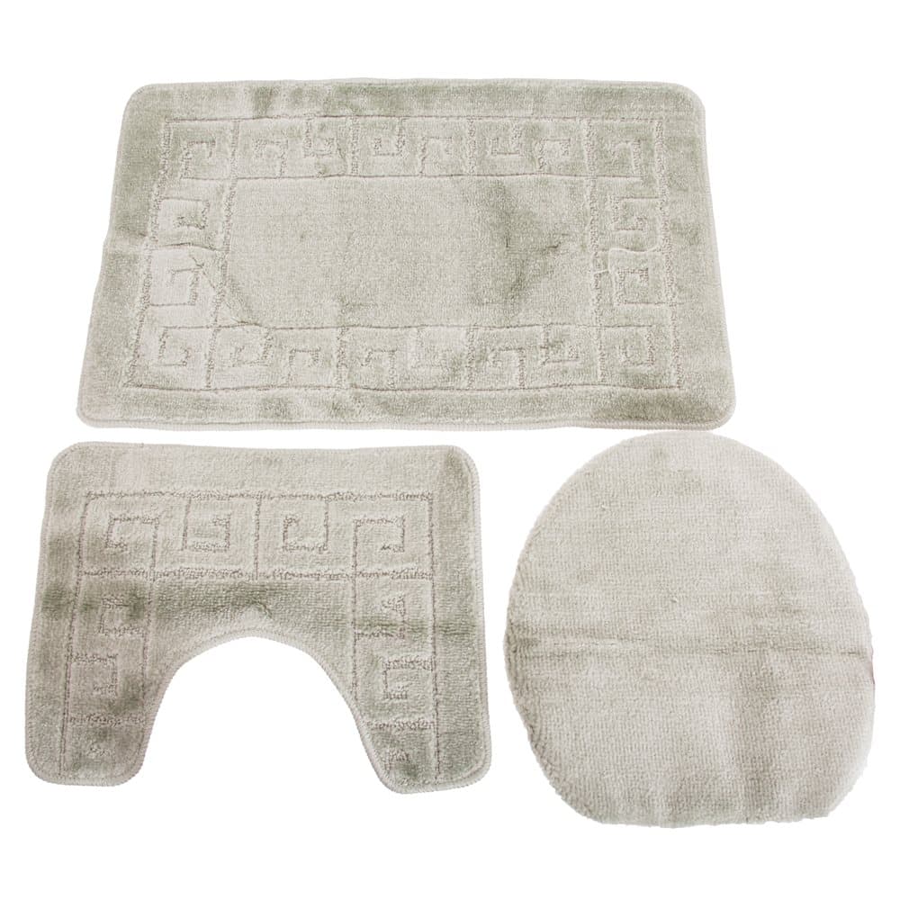 3 Piece Greek Key Pattern Design Bath, Pedestal & Toilet Seat Cover Bathroom Mat Set