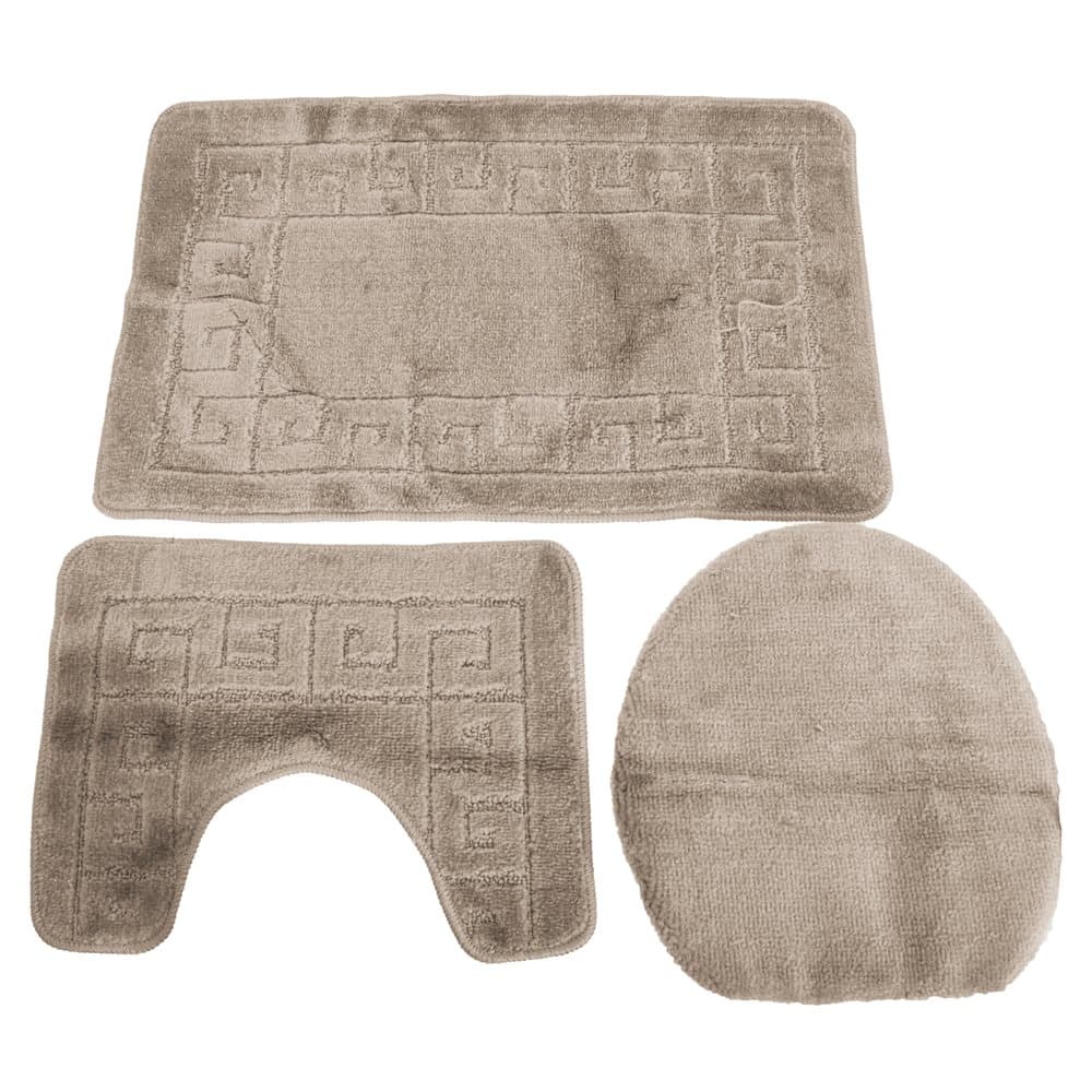 3 Piece Greek Key Pattern Design Bath, Pedestal & Toilet Seat Cover Bathroom Mat Set