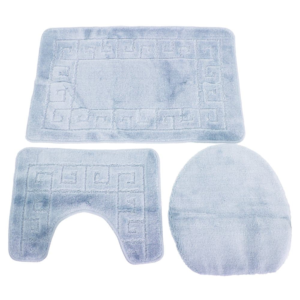 3 Piece Greek Key Pattern Design Bath, Pedestal & Toilet Seat Cover Bathroom Mat Set