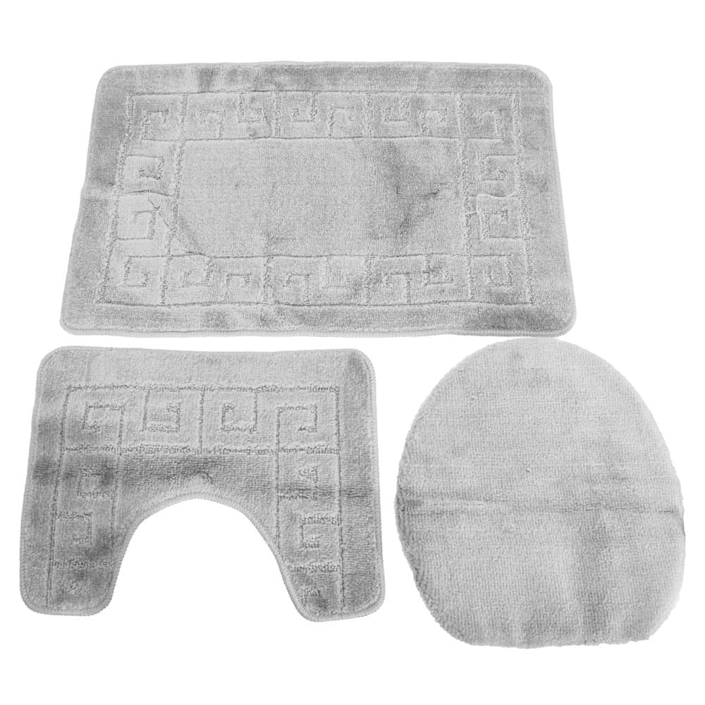 3 Piece Greek Key Pattern Design Bath, Pedestal & Toilet Seat Cover Bathroom Mat Set