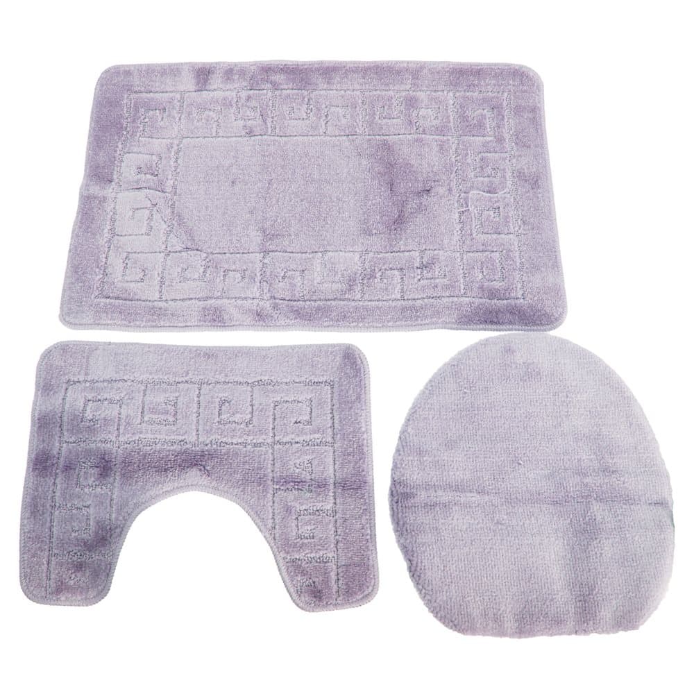 3 Piece Greek Key Pattern Design Bath, Pedestal & Toilet Seat Cover Bathroom Mat Set