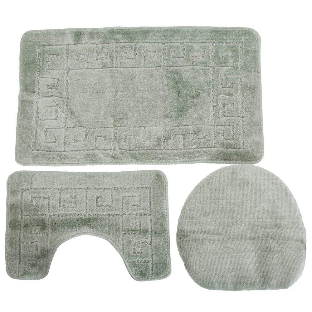 3 Piece Greek Key Pattern Design Bath, Pedestal & Toilet Seat Cover Bathroom Mat Set