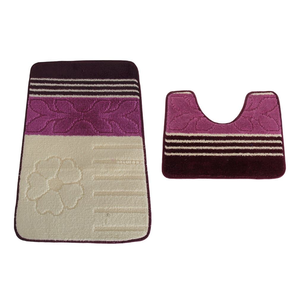 2 Piece Leaf, Flower & Stripe Pattern Design Bath & Pedestal Bathroom Mat Set