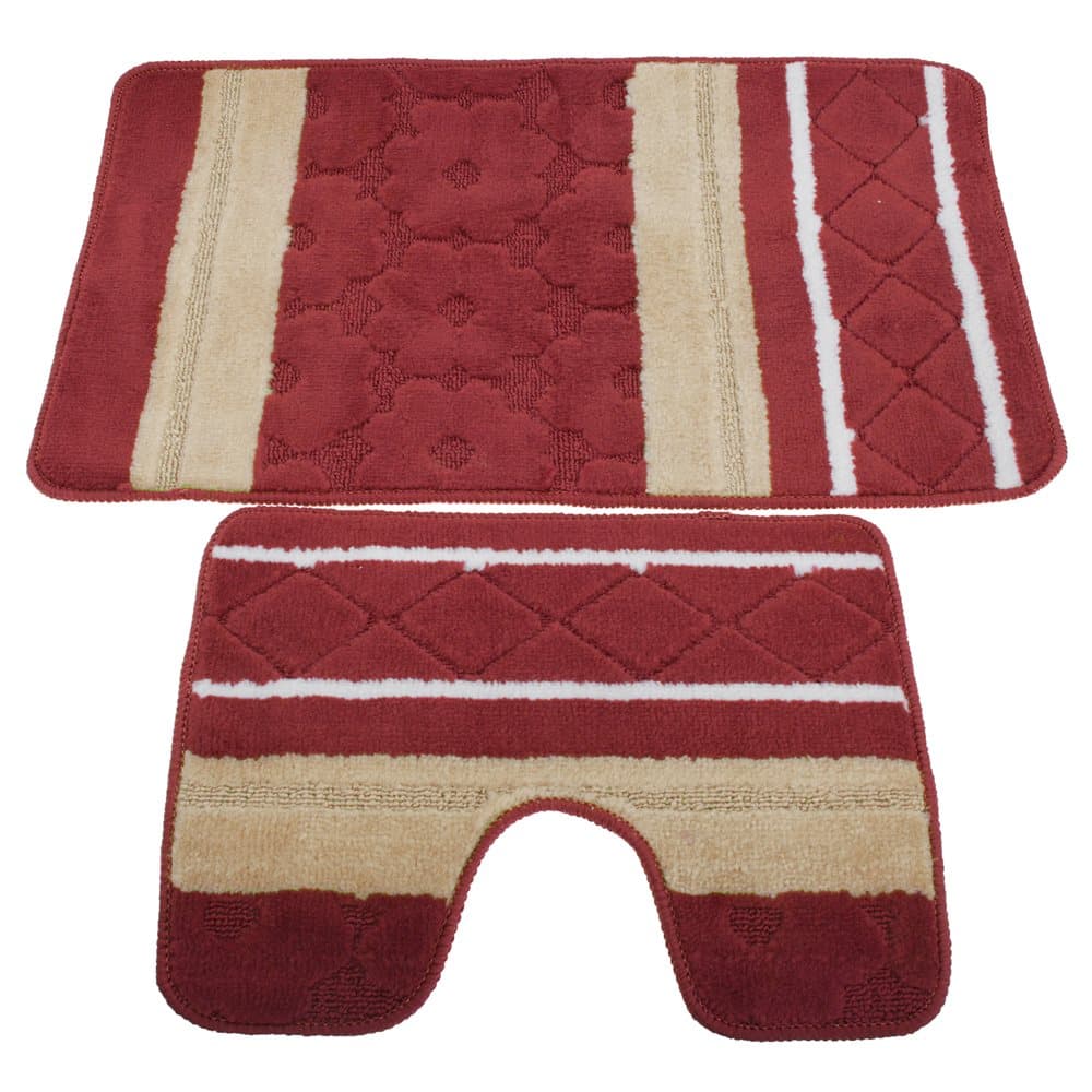2 Piece Striped Bath Mat/Rug & Pedestal Mat Set