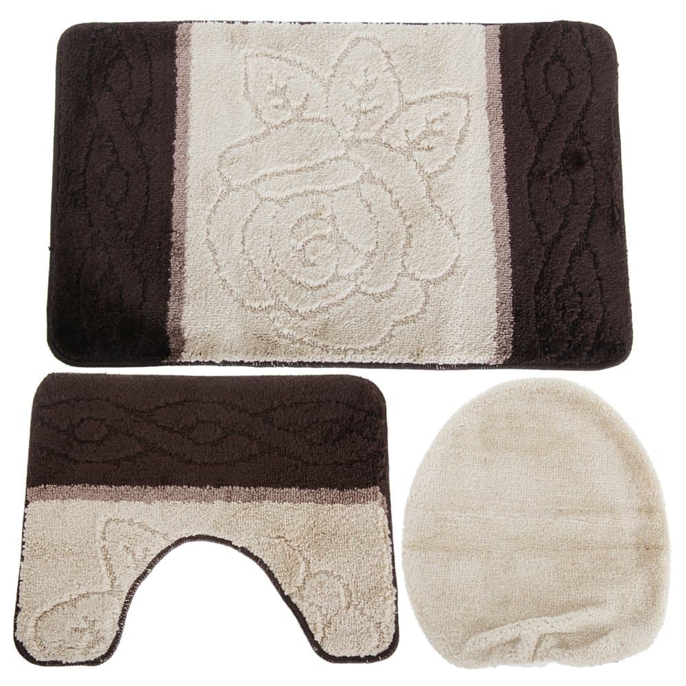 3 Piece Flower Pattern Design Bath, Pedestal & Toilet Seat Cover Bathroom Mat Set