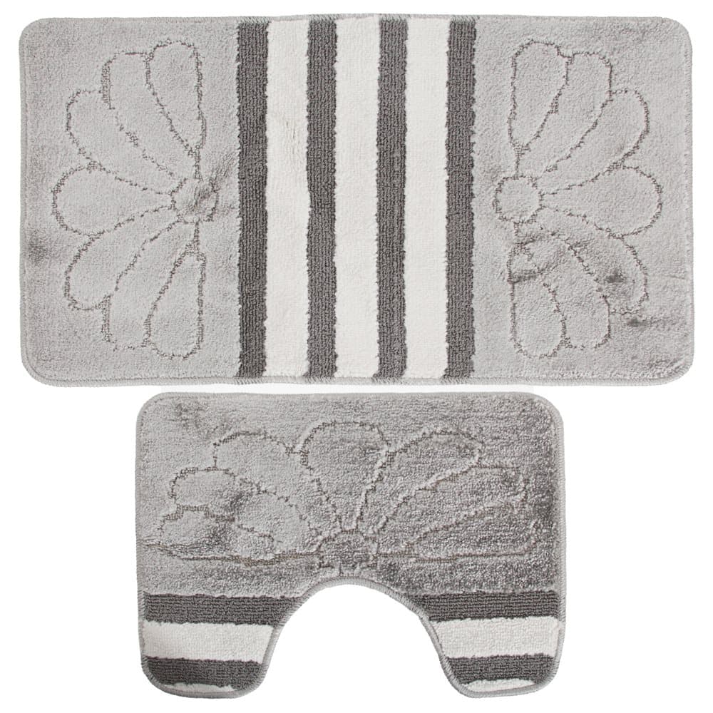 2 Piece Stripe & Flower Pattern Design Bath & Pedestal Bathroom Mat Set
