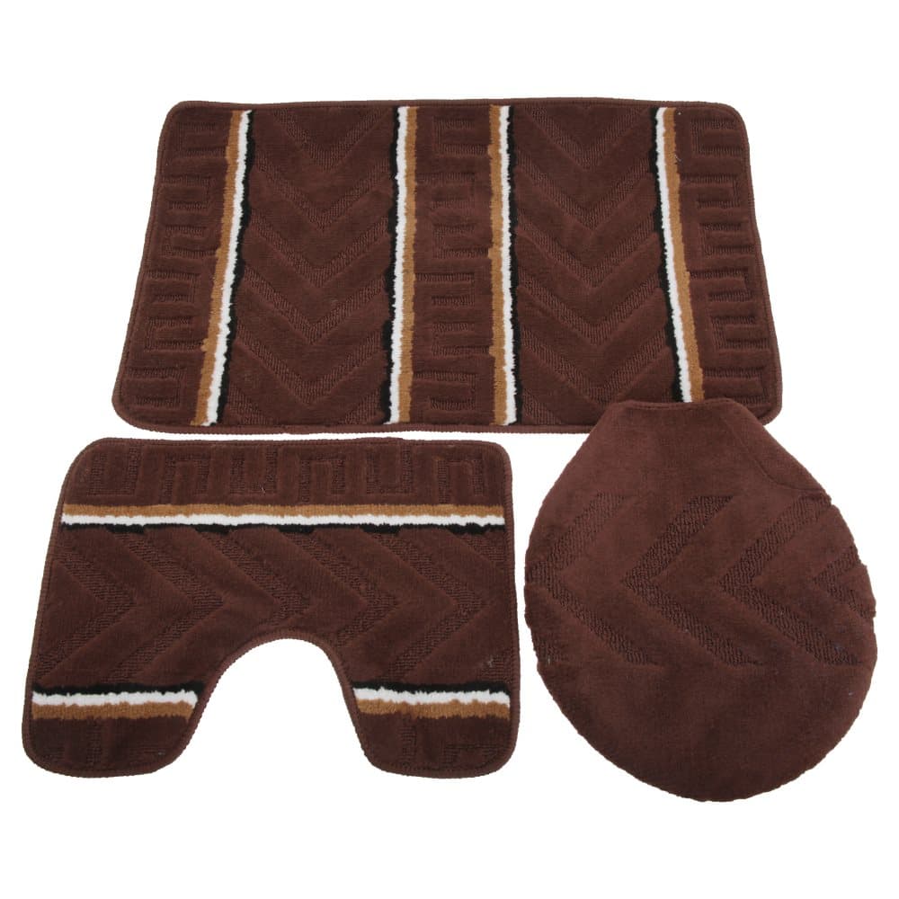 3 Piece Chevron Patterned Bath Mat, Pedestal Mat & Toilet Lid Cover Bathroom Set