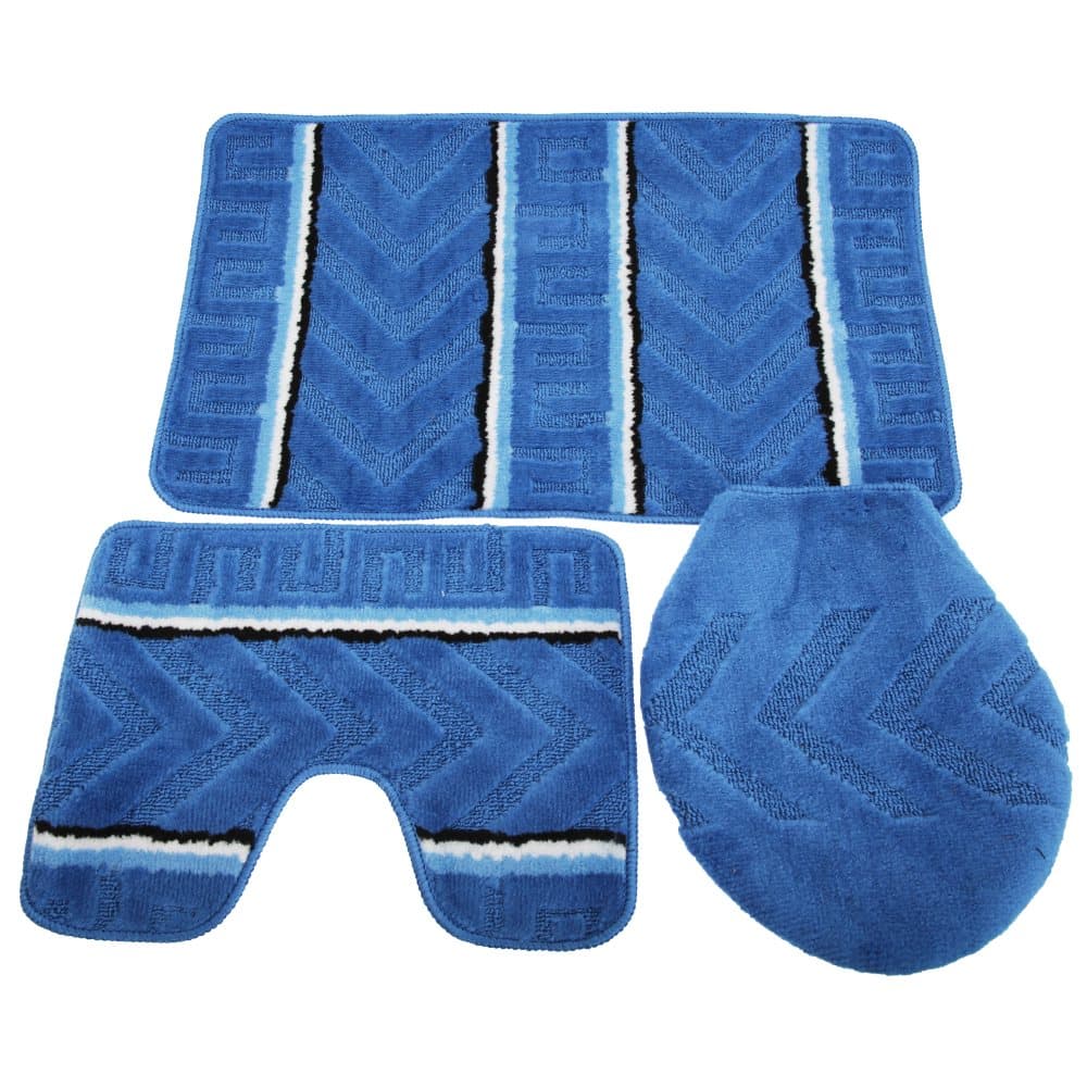 3 Piece Chevron Patterned Bath Mat, Pedestal Mat & Toilet Lid Cover Bathroom Set