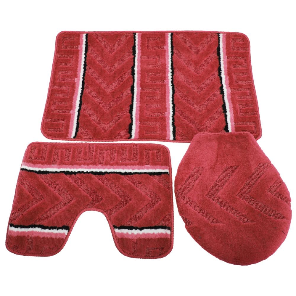 3 Piece Chevron Patterned Bath Mat, Pedestal Mat & Toilet Lid Cover Bathroom Set