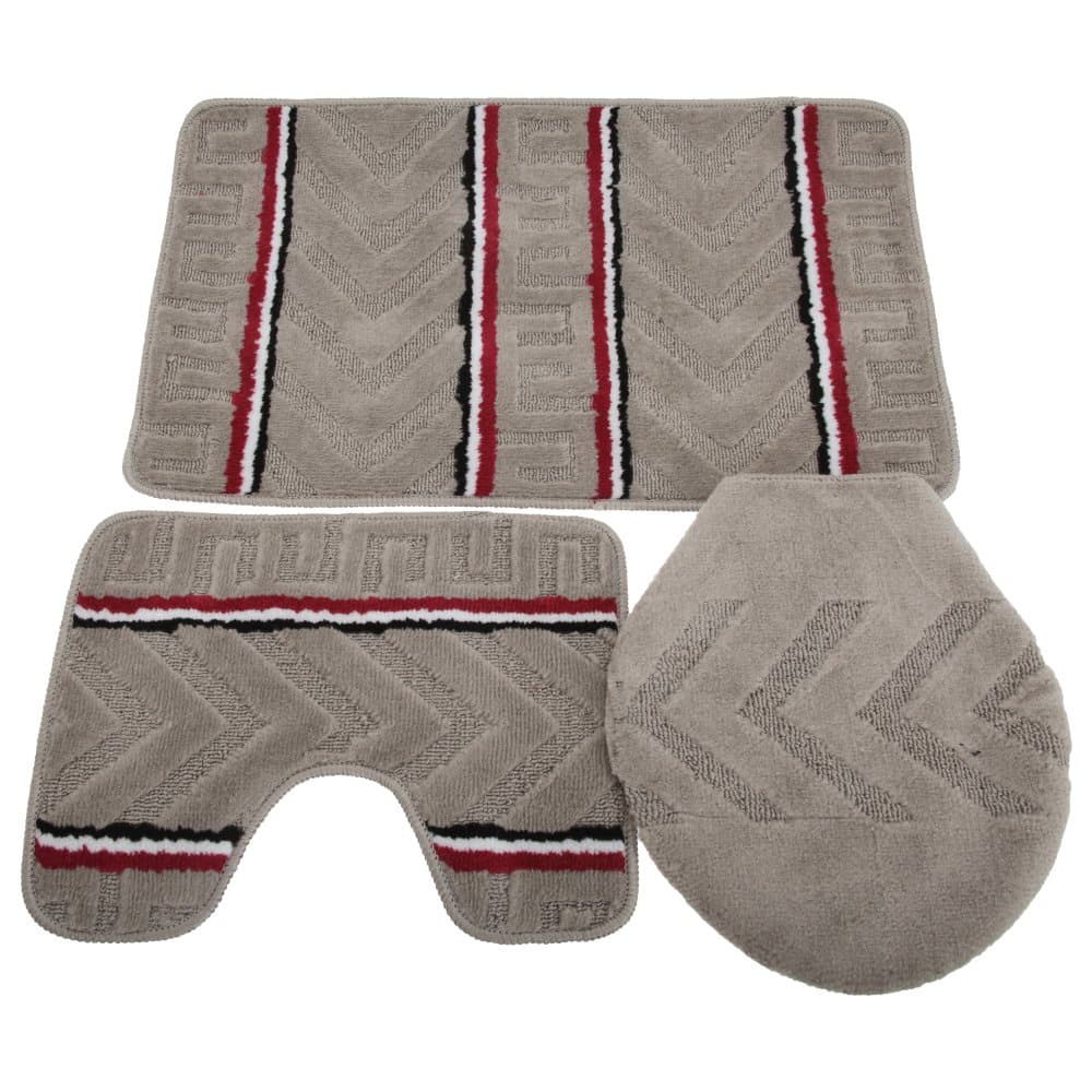 3 Piece Chevron Patterned Bath Mat, Pedestal Mat & Toilet Lid Cover Bathroom Set