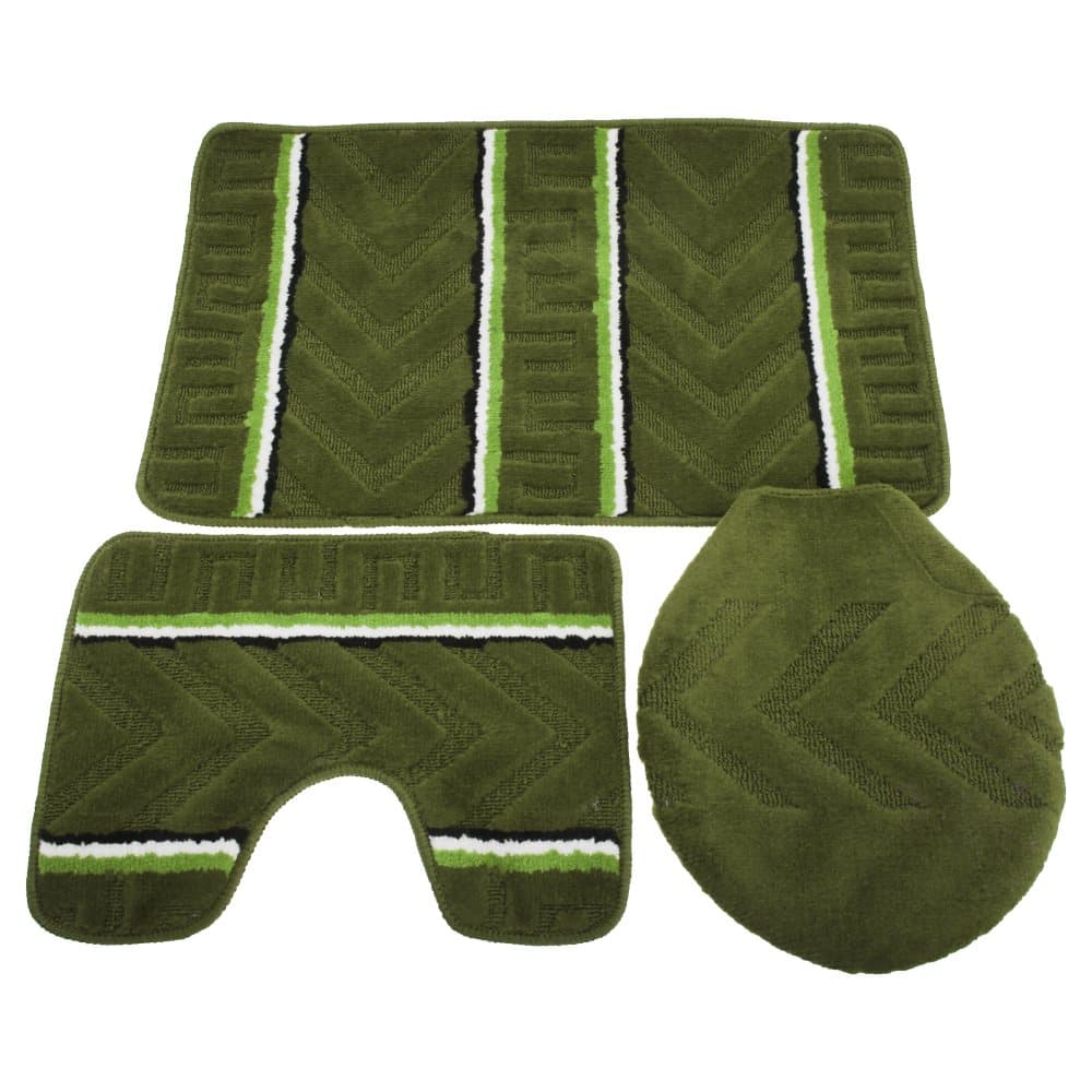 3 Piece Chevron Patterned Bath Mat, Pedestal Mat & Toilet Lid Cover Bathroom Set