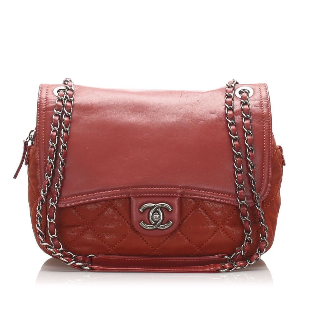 Pre-owned Chanel Wild Stitch Lambskin Leather Flap Bag Red