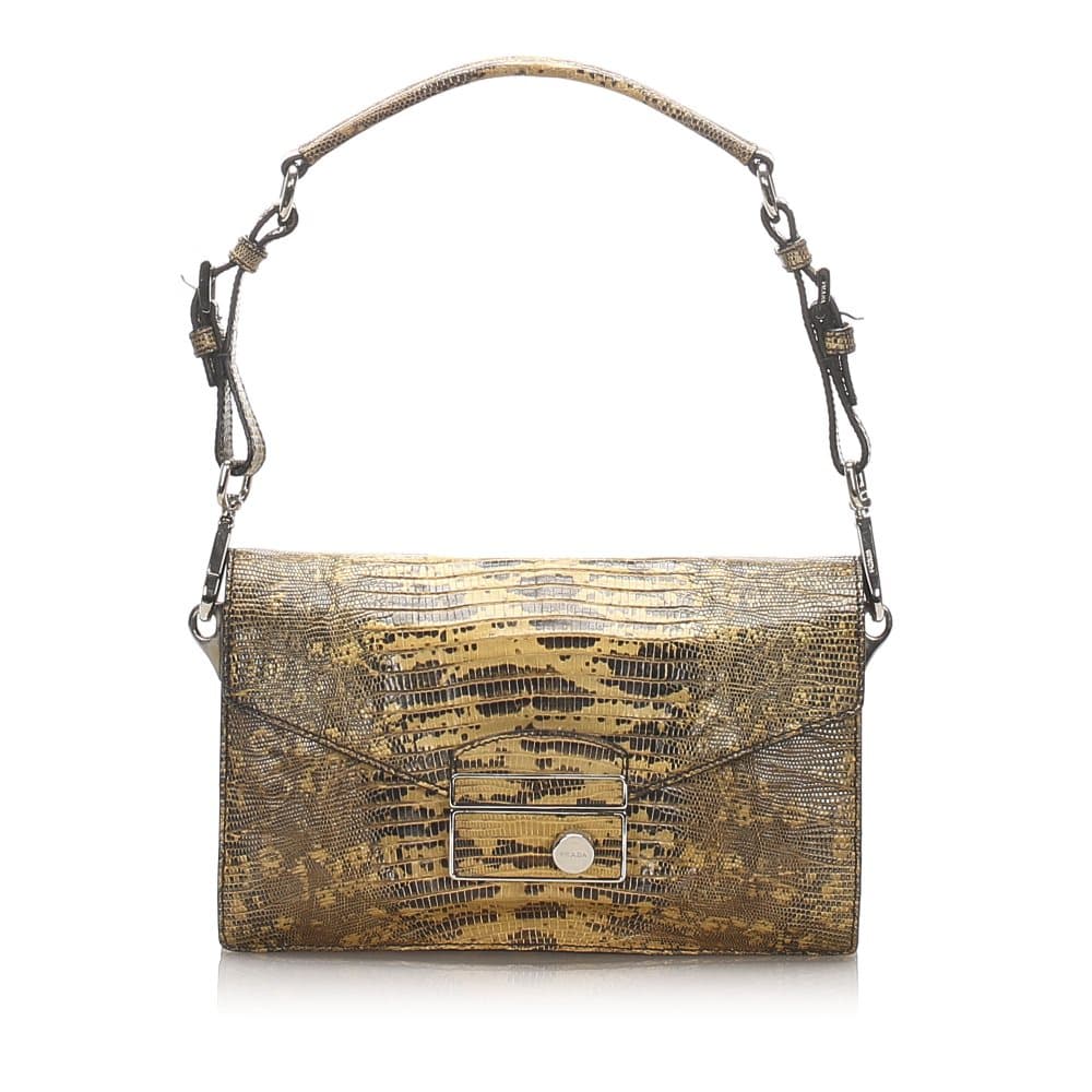 Pre-owned Prada Sound Lock Python Leather Shoulder Bag Brown