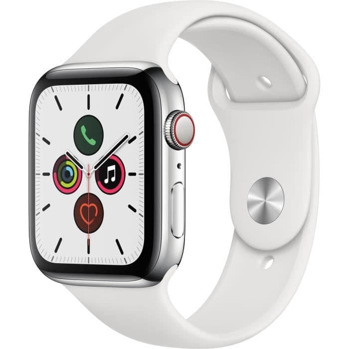 Apple Watch Series 5 Cellular 44 mm rustfri stålkasse med hvid sportsrem - M / L