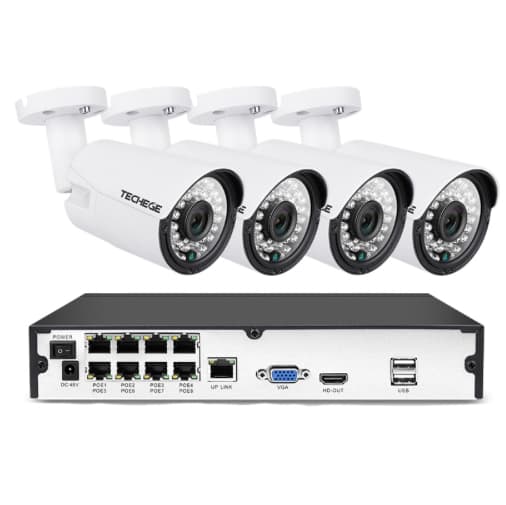 Techege PoE Overvåkingssystem 4st IP-kameraer 1080 IP67