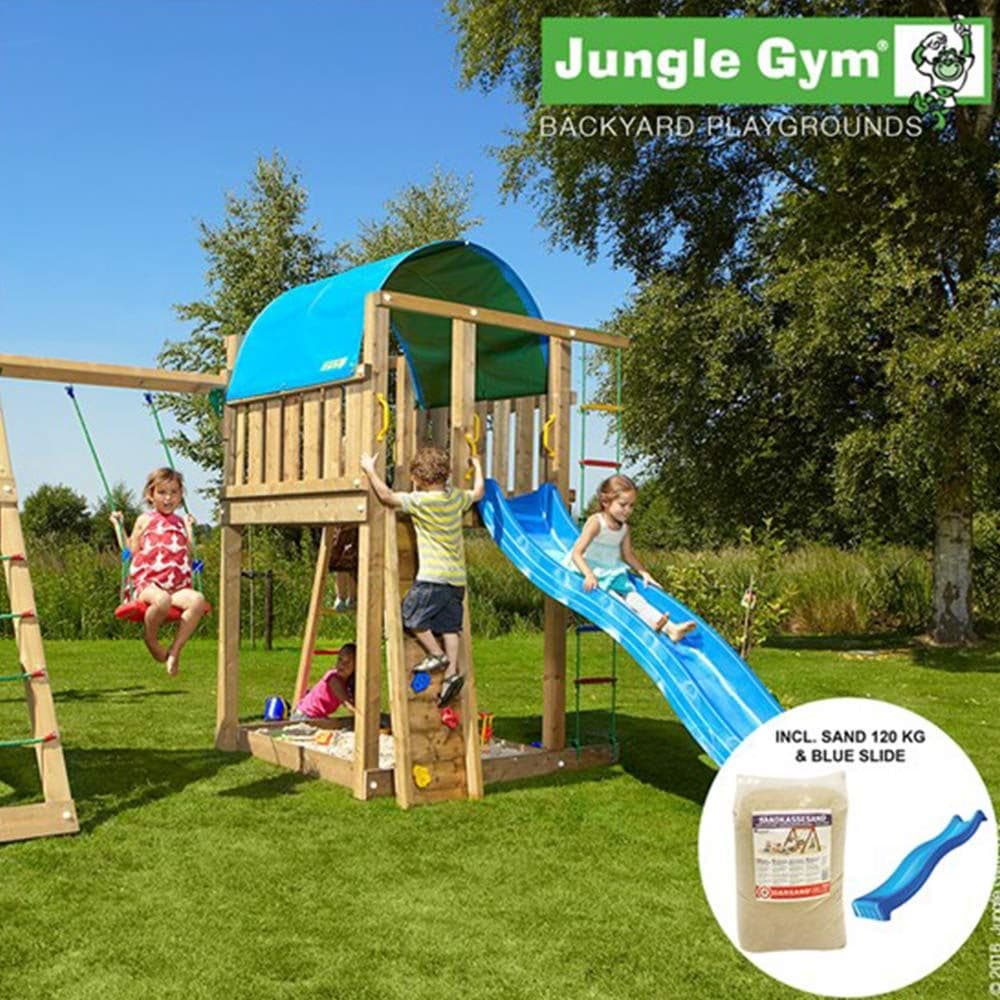 Jungle Gym Villa + Climb modul x'tra inkl. blå rutschebane og 120 kg sand