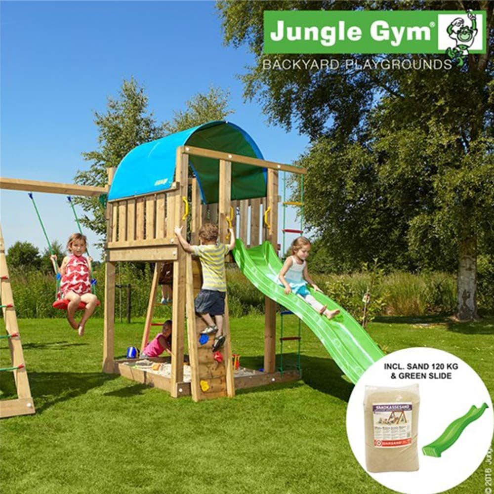 Jungle Gym Villa + Climb modul x'tra inkl. grøn rutschebane og 120 kg sand