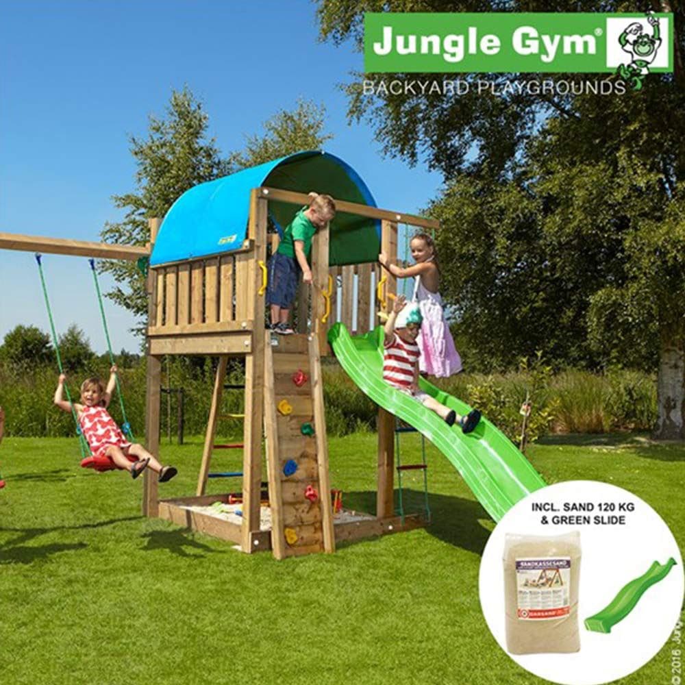 Jungle Gym Villa + Swing modul x'tra inkl. grøn rutschebane og 120 kg sand