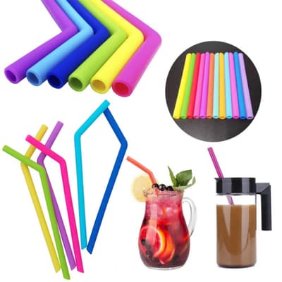 5-Pack - Flexibla Sugrör i Silikon, Böjda med Borste (25cm)