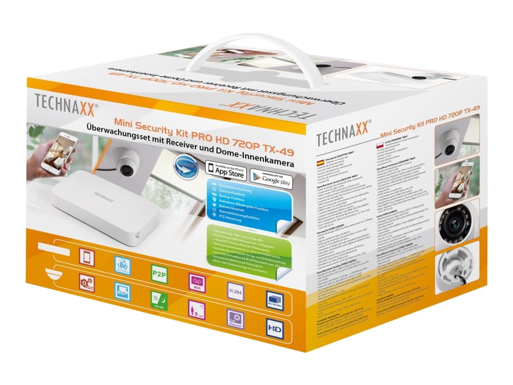 Technaxx Mini Security Kit PRO HD 720P TX-49 - DVR + kamera(er) - LAN 10/100 - 4 kanaler - 1 kamera(er) - Kuppel - CMOS