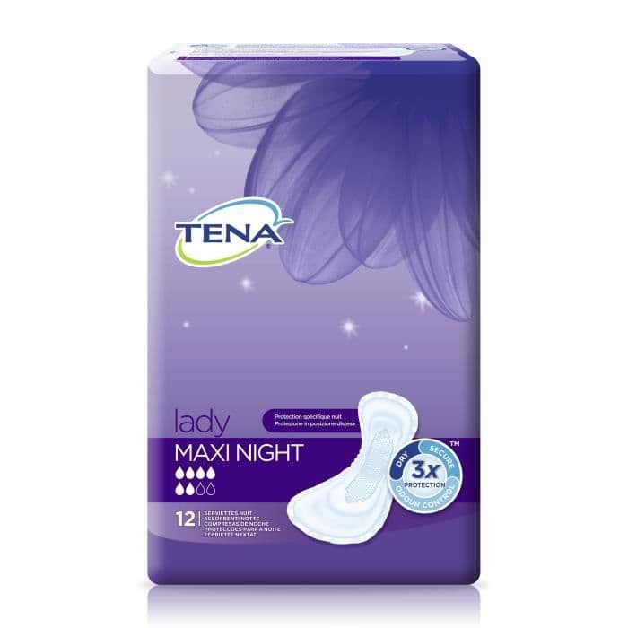 TENA Maxi Night -salpaajat virtsavuotoille - kohtalaisesta voimakkaaseen inkontinenssiin - 12 erä