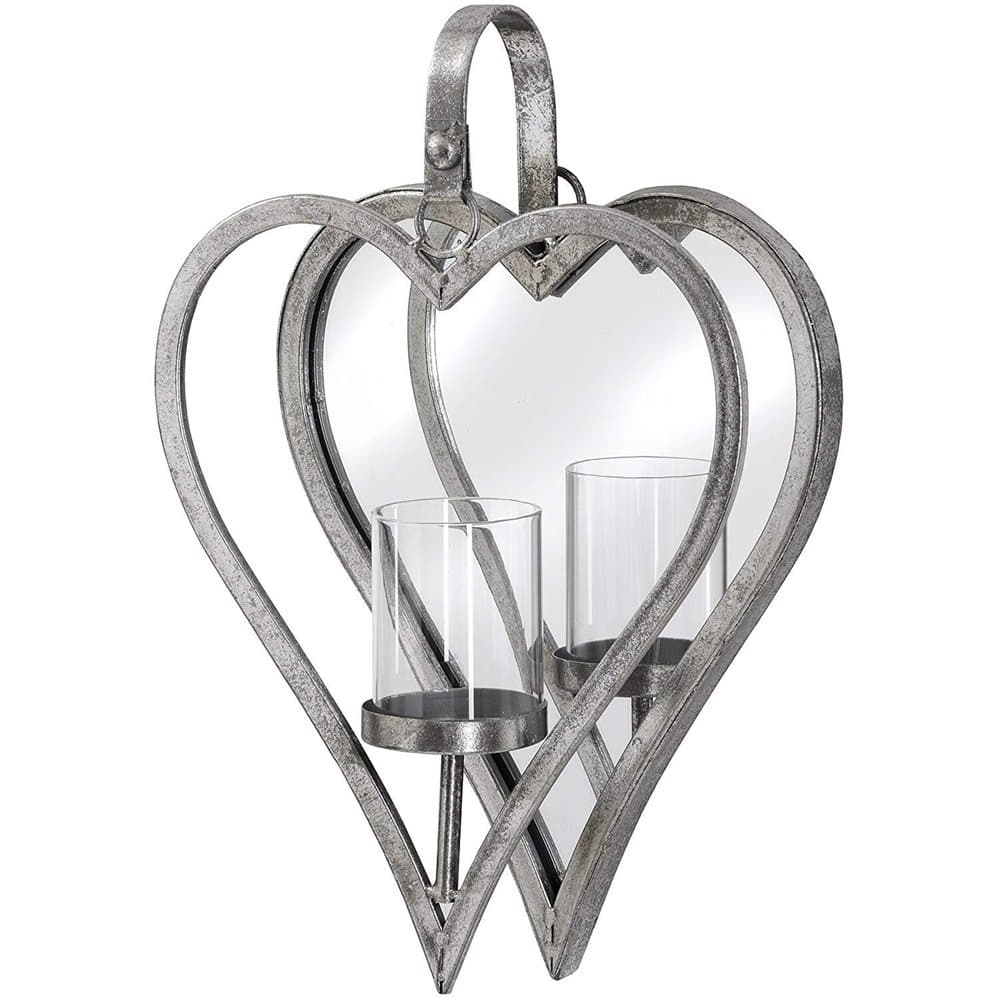 Hill Interiors Small Antique Silver Mirrored Heart Candle Holder