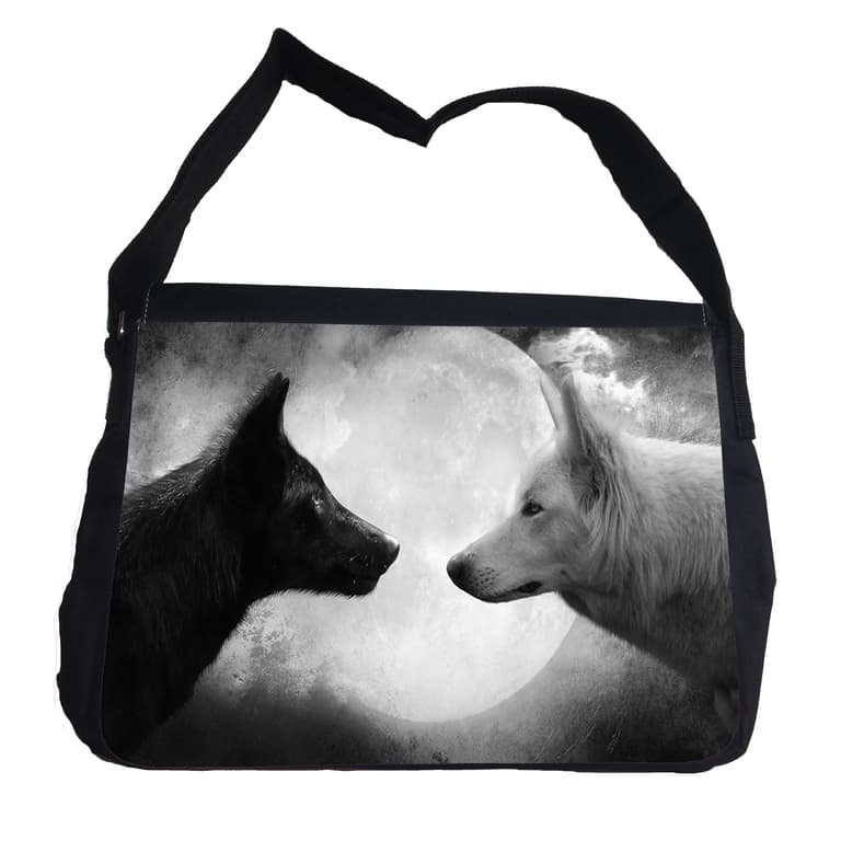 Svart vit varg / hund väska med axelrem - Messenger Bag
