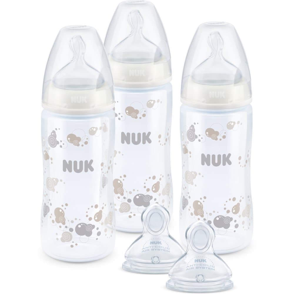 NUK, Sutteflasker inkl. ekstra flaskesut, First Choice+, Silikone, 5 dele, Hvid/Grå