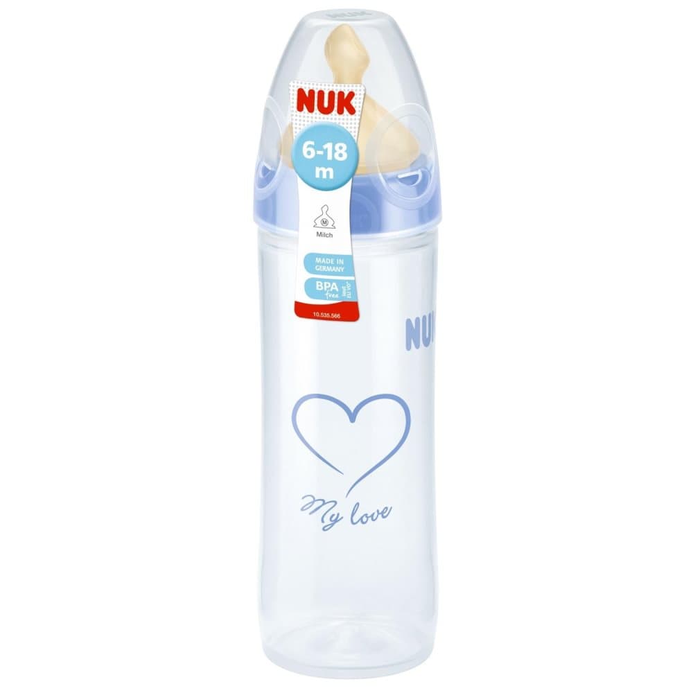 NUK, Classic, Sutteflaske m. sut, Anti-kolik, Latex, 250 ml, 6 mdr.+, Blå