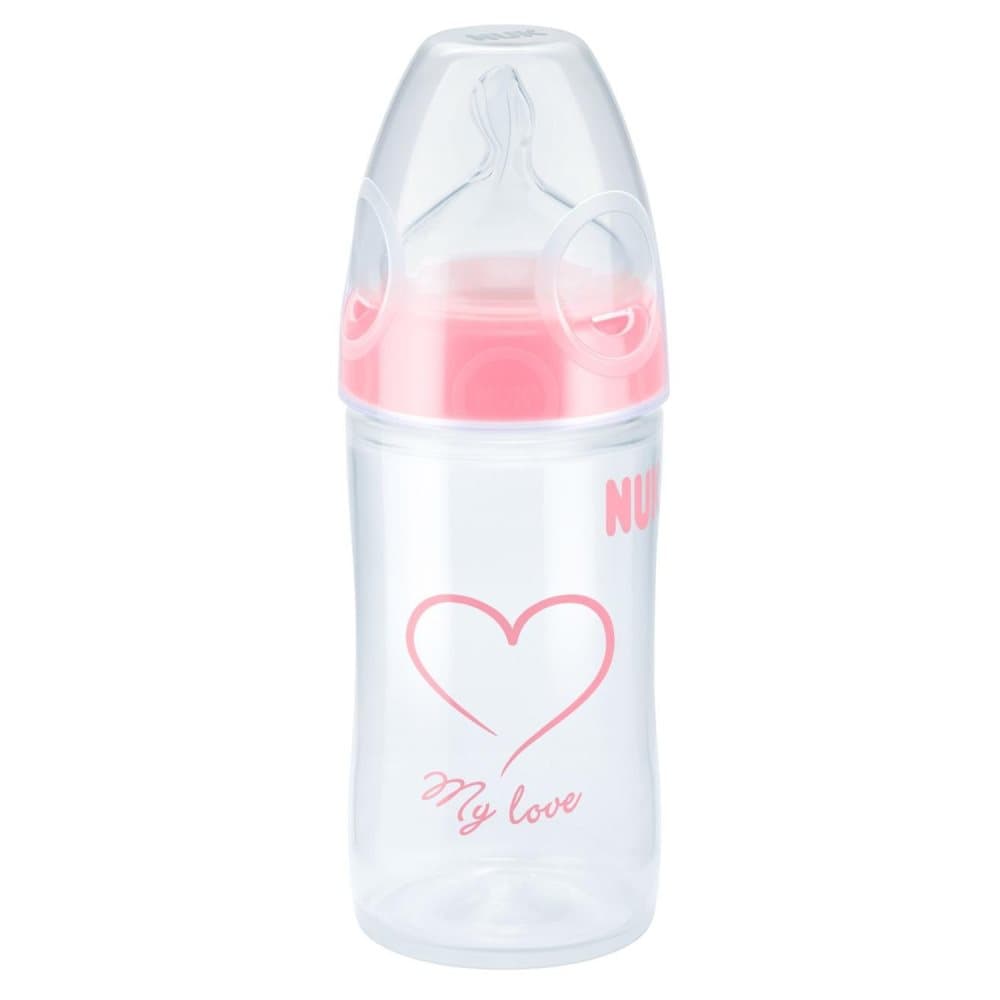NUK, Classic, Sutteflaske m. sut, Anti-kolik, Silikone, 150 ml, 0-6 mdr., Lyserød