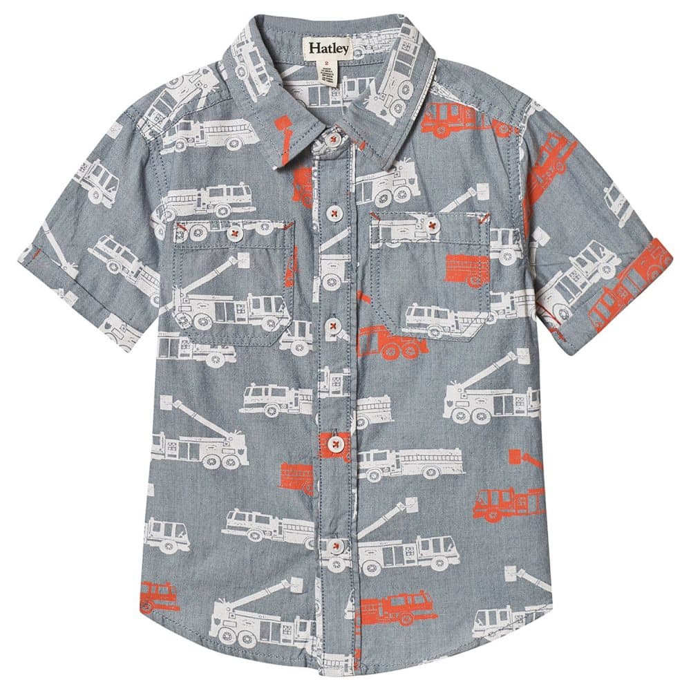 Hatley, Distressed Firetrucks Short Sleeve Button Down Shirt