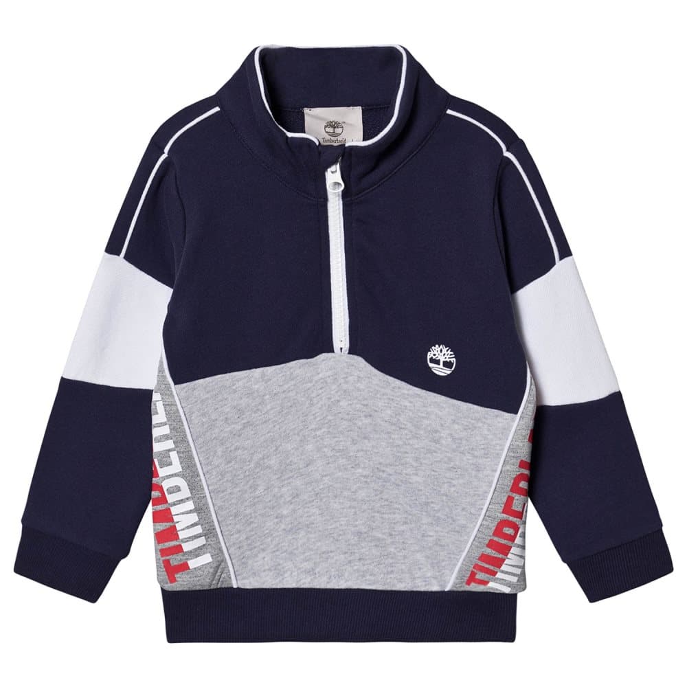 Timberland, Navy and Grey Colour Block Branded Half Zip Sweatshirt