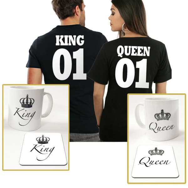 King eller Queen paket med t-shirt + mugg & underlägg paket Queen T-shirt XL & Queen mugg + Underlägg