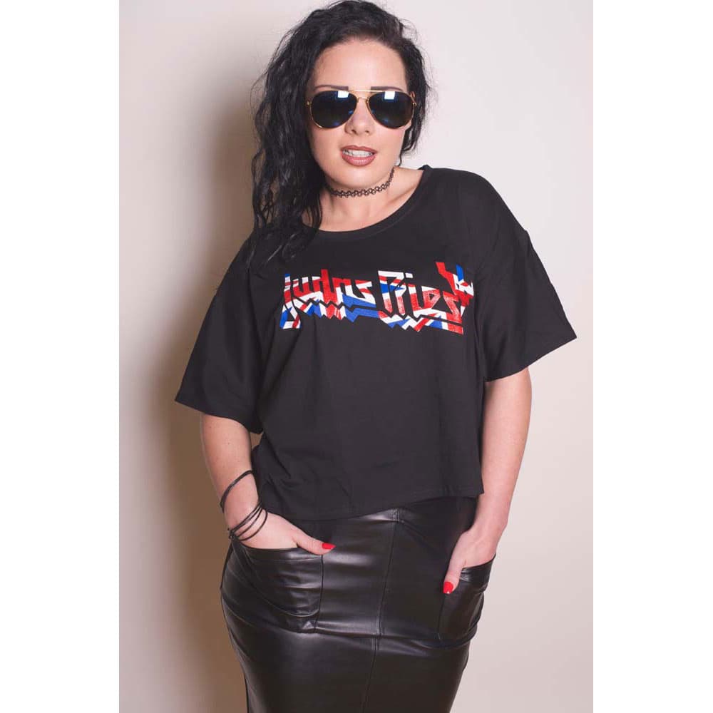 Judas Priest Ladies Fashion Tee: Union with Boxy Styling and Glitter Print Application (Medium)