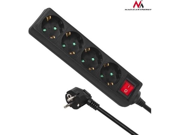 Maclean MCE194G skjøteledning for strømskinne 4 stikkontakter, med bryter, 3500W, tysk type, 5m, svart