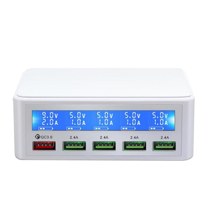 Portabel snabbladdare LED-display, USB 5 portar - Vit