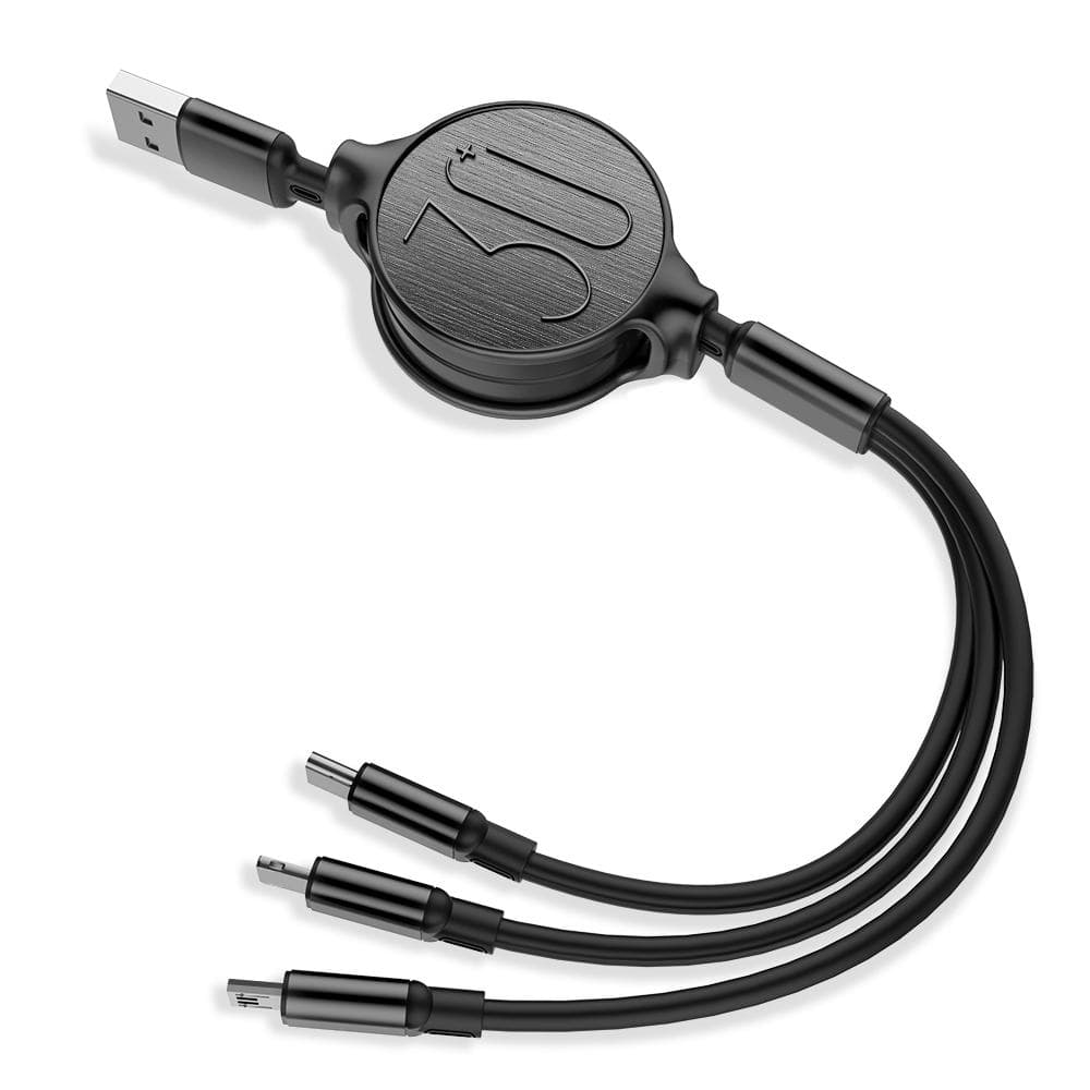 3-i-1 utdragbar multiladdare för USB-C, micro-USB och Lightning - Svart