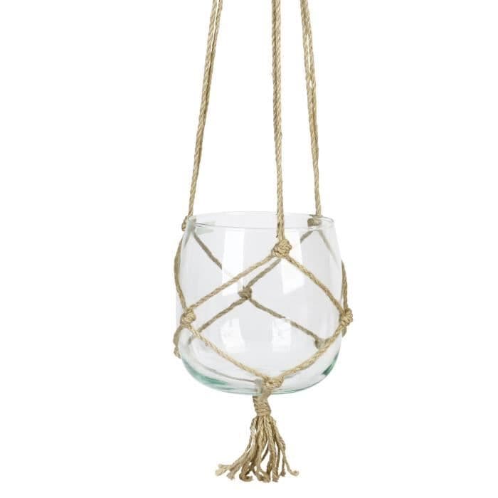 Riipullinen lasipallo - hamppuköydellä - Ø 18 cm - läpinäkyvä valkoinen