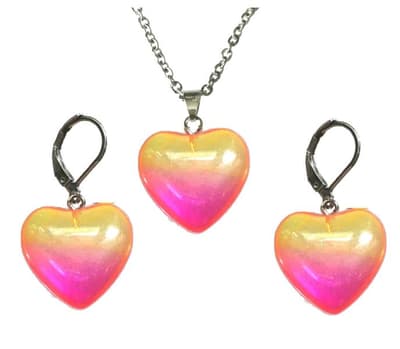 Necklace - Earrings - Set - Heart - Pink/Yellow