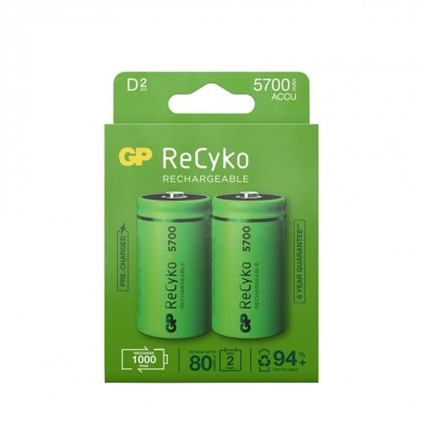 GP ReCyko Laddningsbara D-batterier 5700mAh 2-p