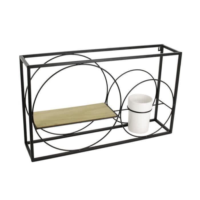 HJEM DECO FACTORY Rektangulær væghylde med 2 cirkler metal og træ - Beige / Sort