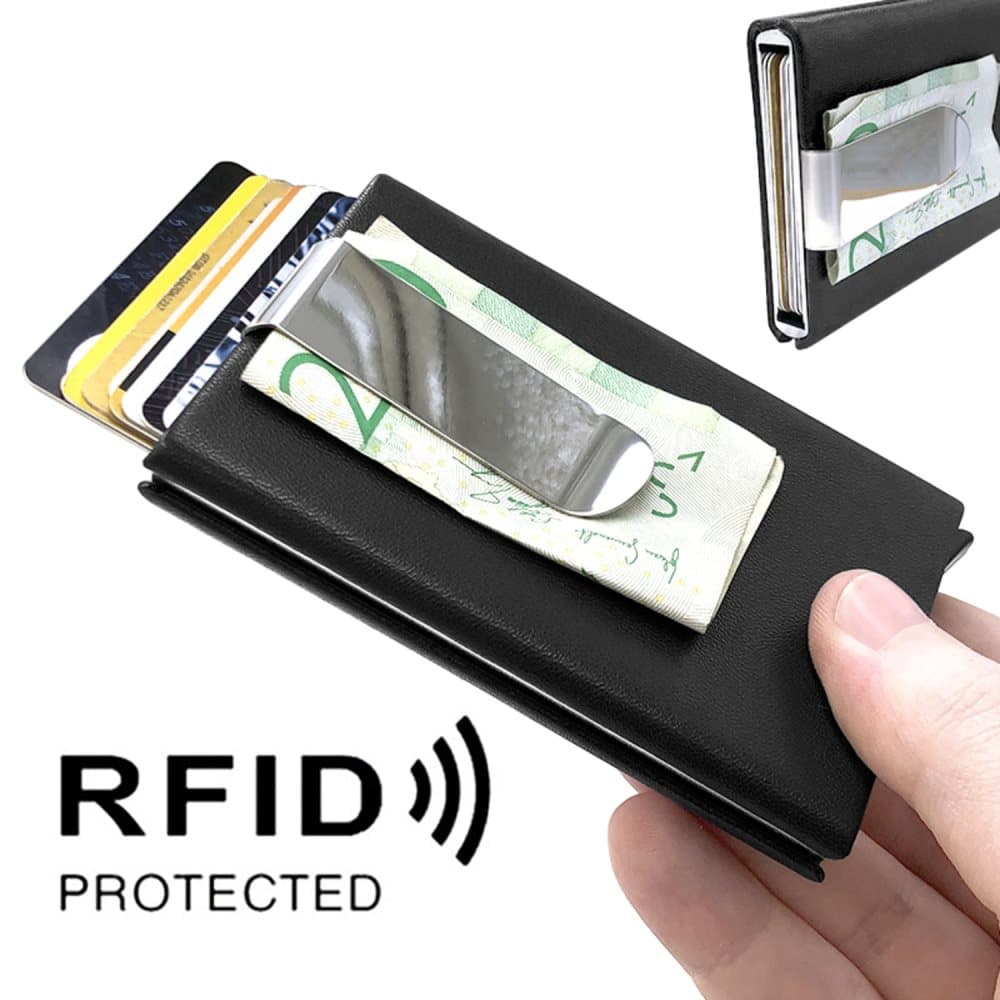 Korthållare 7 kort Sedelklämma / Plånbok Pop-Up - RFID Svart