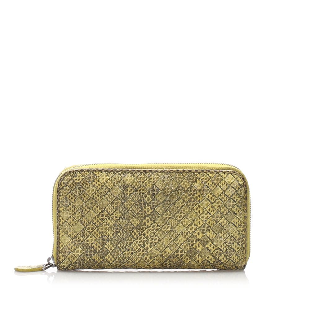 Bottega Veneta Intrecciato Snake Skin Leather Zip Around Wallet Brown