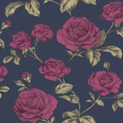 Boutique - Tapet non-woven - Blommor - Metallic - Röd/Blå/Guld - 10mx52cm