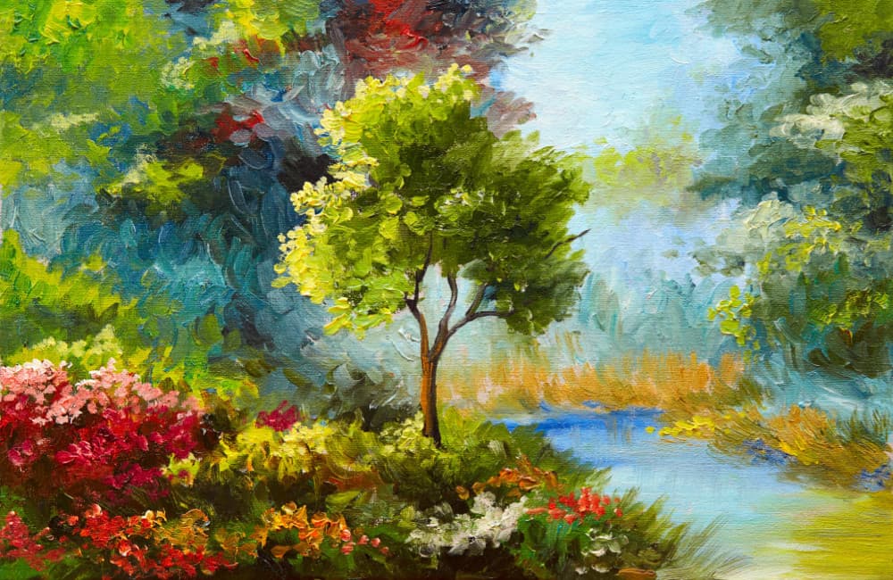 Fototapet Flowers And Trees By River (400x260 cm)